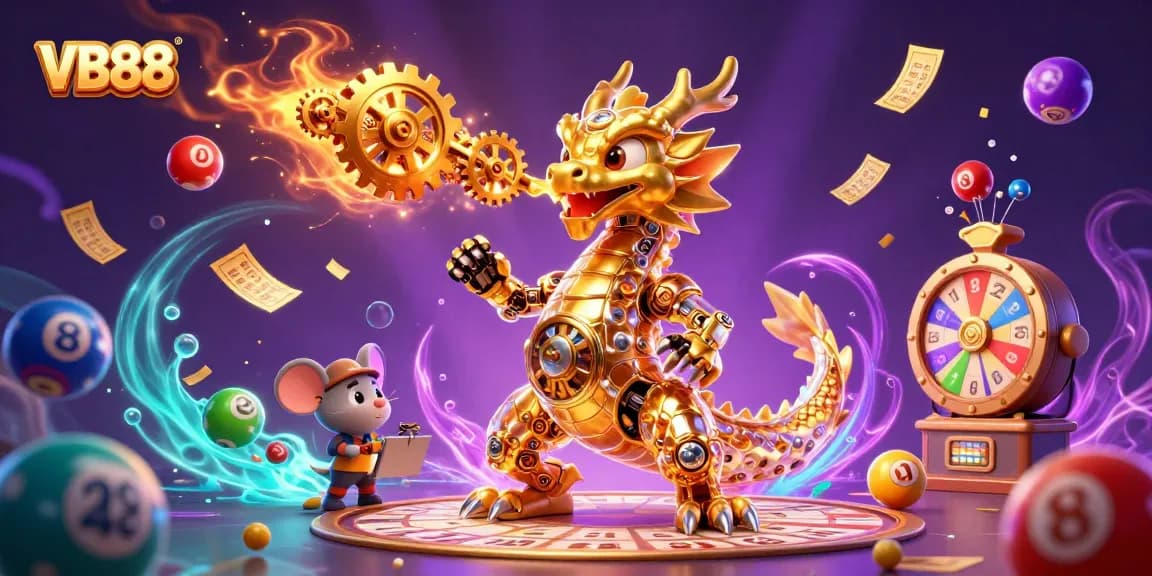 Engage with VB88 through a vibrant casino-themed 3D illustration of a golden dragon and lottery elements.
