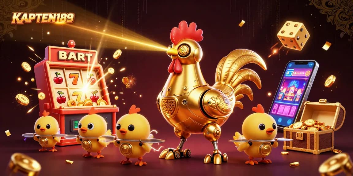 KAPTEN189 mempersembahkan ilustrasi slot online berwarna-warni dengan karakter robot dan hadiah jackpot.