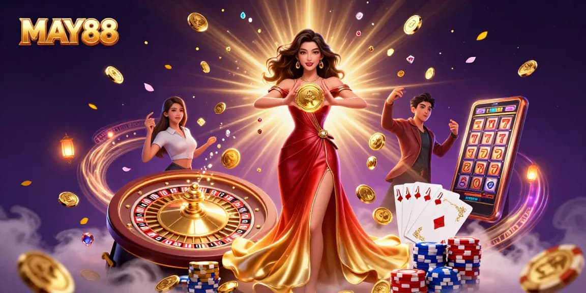 MAY88 showcases winning strategies with a stunning Asian woman holding a golden coin, surrounded by casino elements.