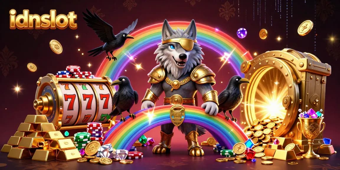 Experience the thrilling idnslot gameplay with Odin and his ravens amidst a vibrant, treasure-filled scene.