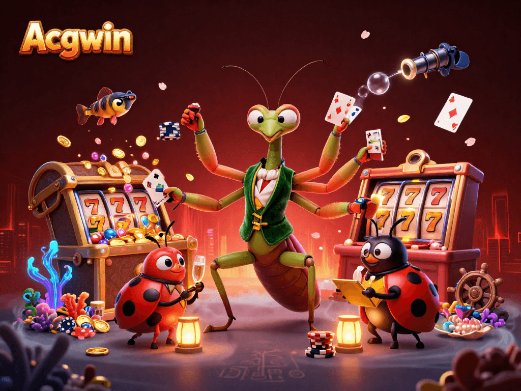 Engage with Acgwin's vibrant casino scene featuring card shuffling, chips, and vibrant slot elements