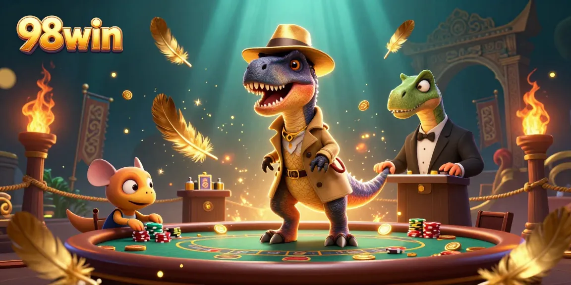 98win showcases a velociraptor at a blackjack table, surrounded by casino elements in a vibrant scene.