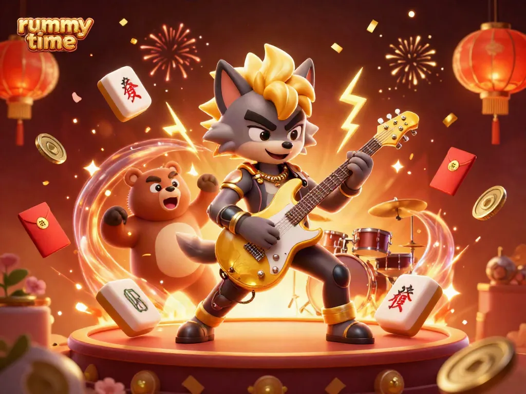 Experience thrilling gameplay with rummy time, featuring a rock star wolf and drummer bear on a vibrant casino stage.