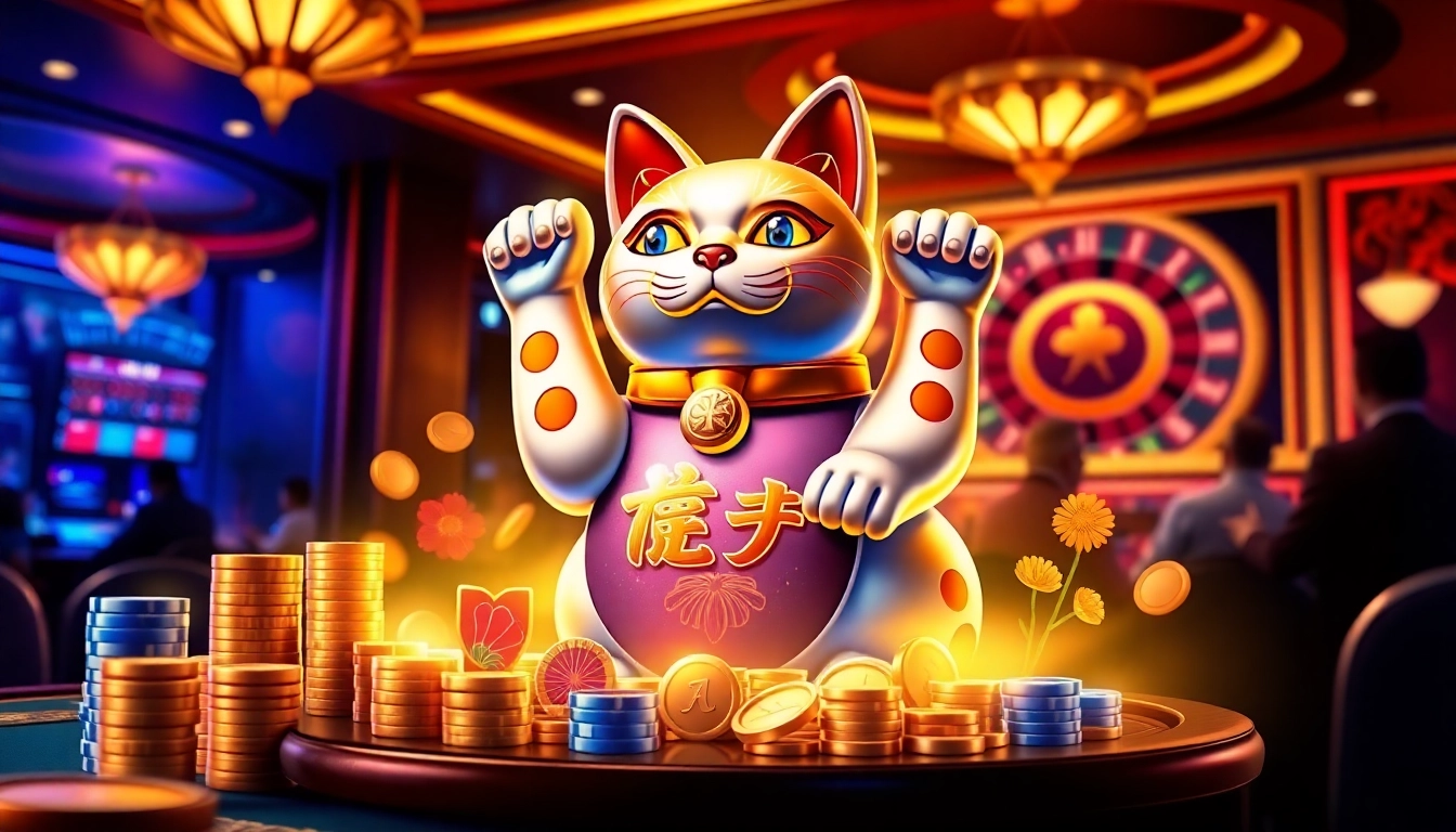 Engaging scene of Lucky Neko PG Soft ไม่ต้องแชร์ slot machine attracting players in a vibrant casino.