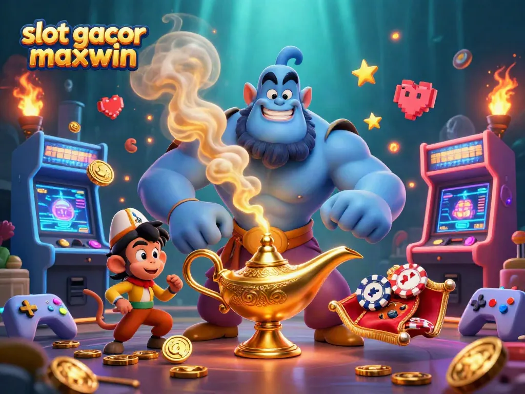 Spin to victory with slot gacor maxwin: a genie and monkey in a vibrant casino adventure