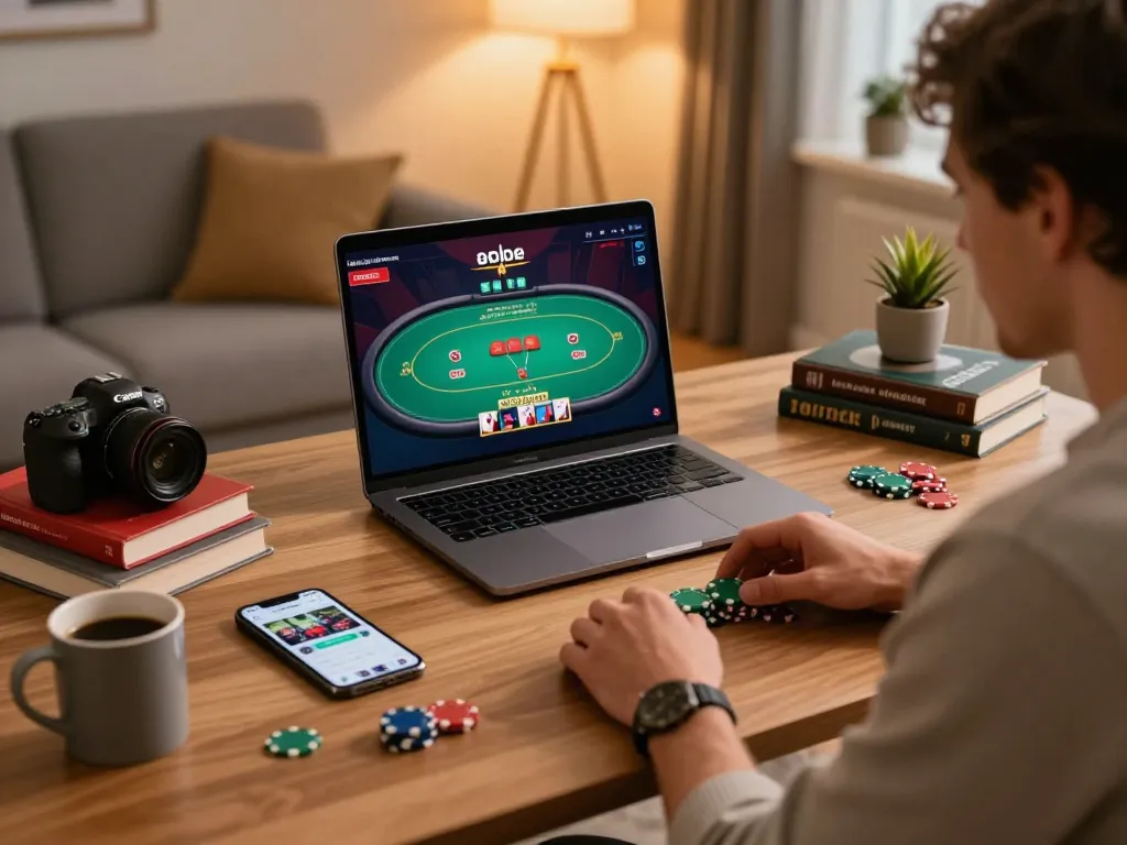 Luckyindex promoting responsible gaming with focused player at laptop, poker game active on screen.
