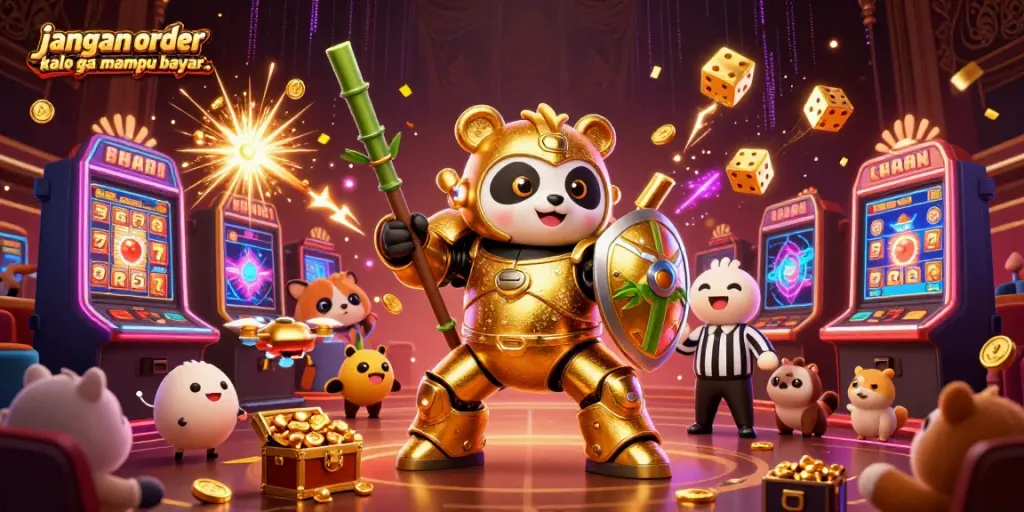 Engage in gambling excitement with "jangan order kalo ga mampu bayar.." showcased in a thrilling arcade scene featuring mech-suits and jackpots.