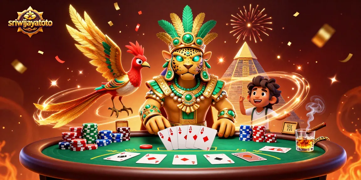 Sriwijayatoto features a Mayan jaguar priest and quetzal bird in an engaging poker scene with celebratory elements.