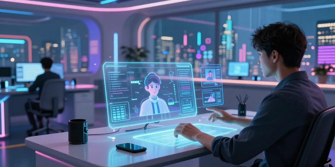 Engaging virtual workspace demonstrating crush ai interaction with holographic interface and AI character analytics.