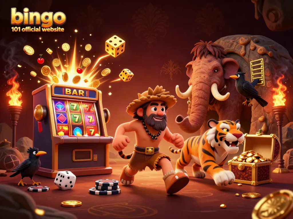 Bingo 101 official website showcases a vibrant illustration of a caveman casino with playful characters.