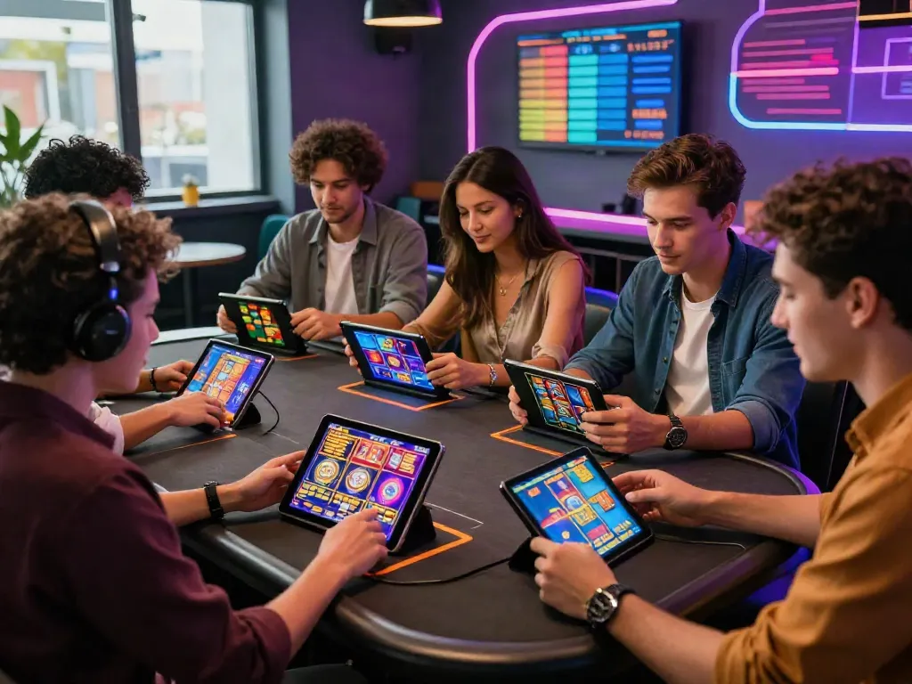 Friends enjoying akunjp online gambling experience at a stylish gaming table.