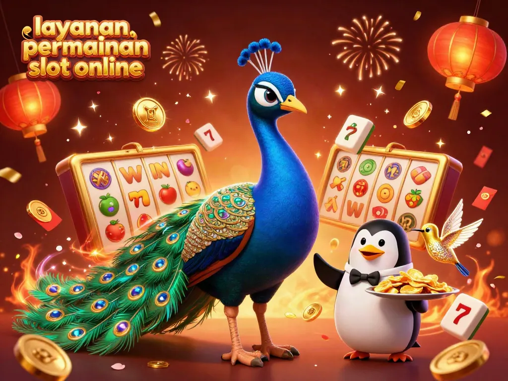 Ilustrasi layanan permainan slot online dengan burung merak dan penguin di kasino 3D yang dinamis.