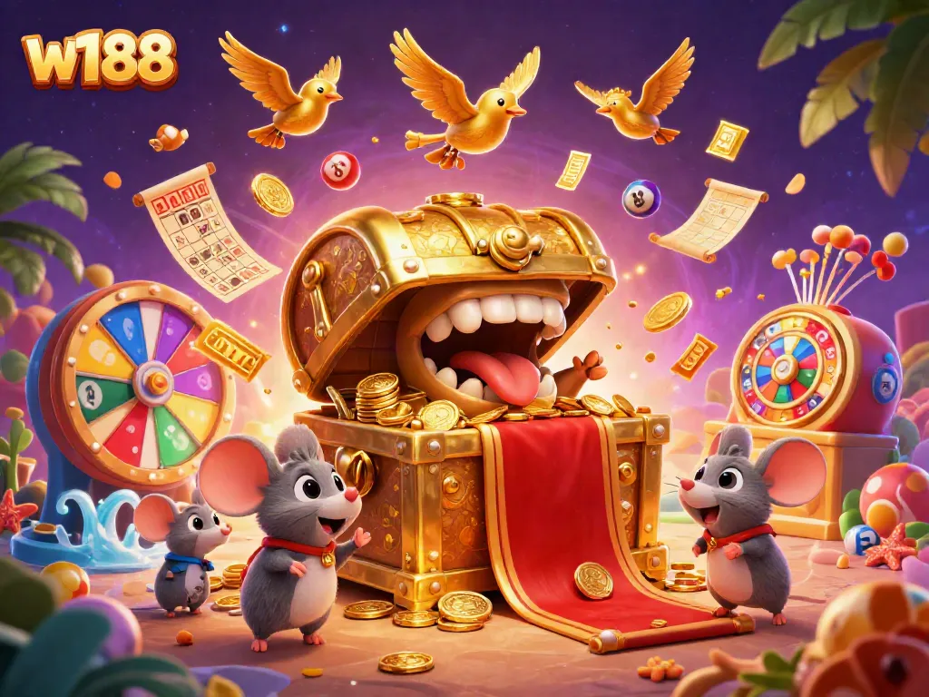 Experience exciting wins with w188 as cheerful cartoon mice discover a treasure chest filled with gold and dynamic lottery elements.