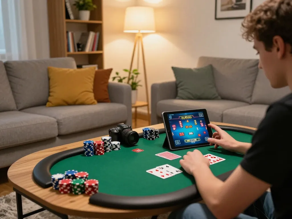 Engaging in an online poker game at home with gameradar theme
