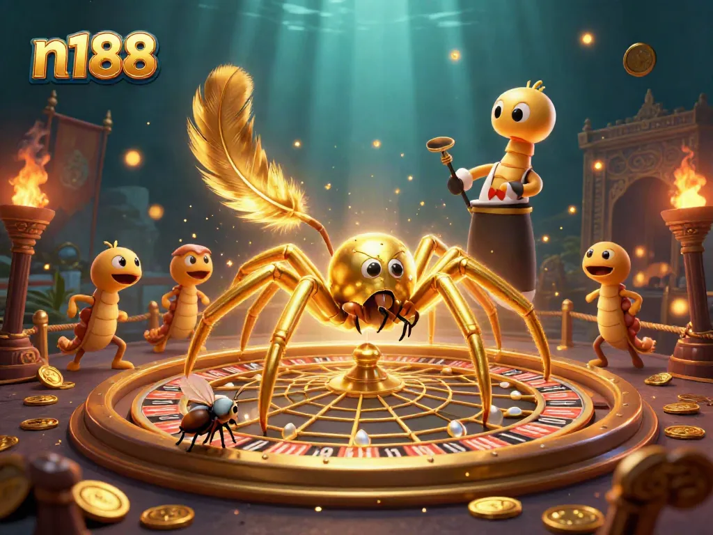 Engage with n188's thrilling roulette wheel scene featuring a golden spider and nervous fly.