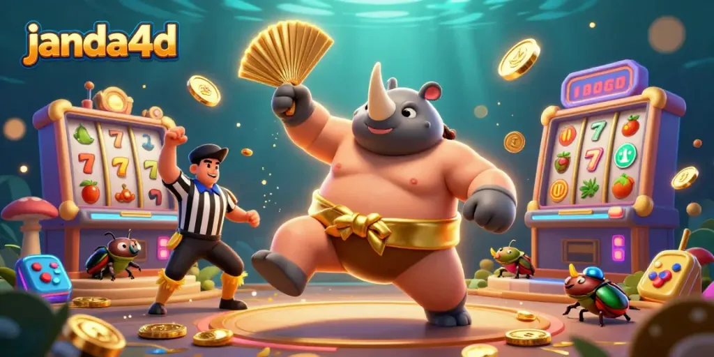 Ilustrasi 3D janda4d menunjukkan kejuaraan sumo bersama koin emas yang berhamburan, simbol slot, dan latar belakang kasino.