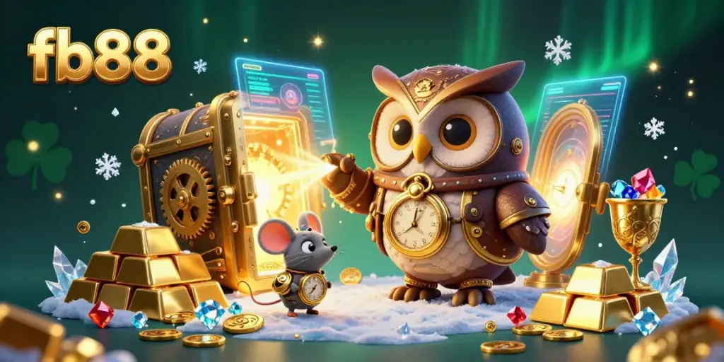 Experience thrilling gaming with fb88's dynamic casino scene, featuring vivid 3D characters and treasures.
