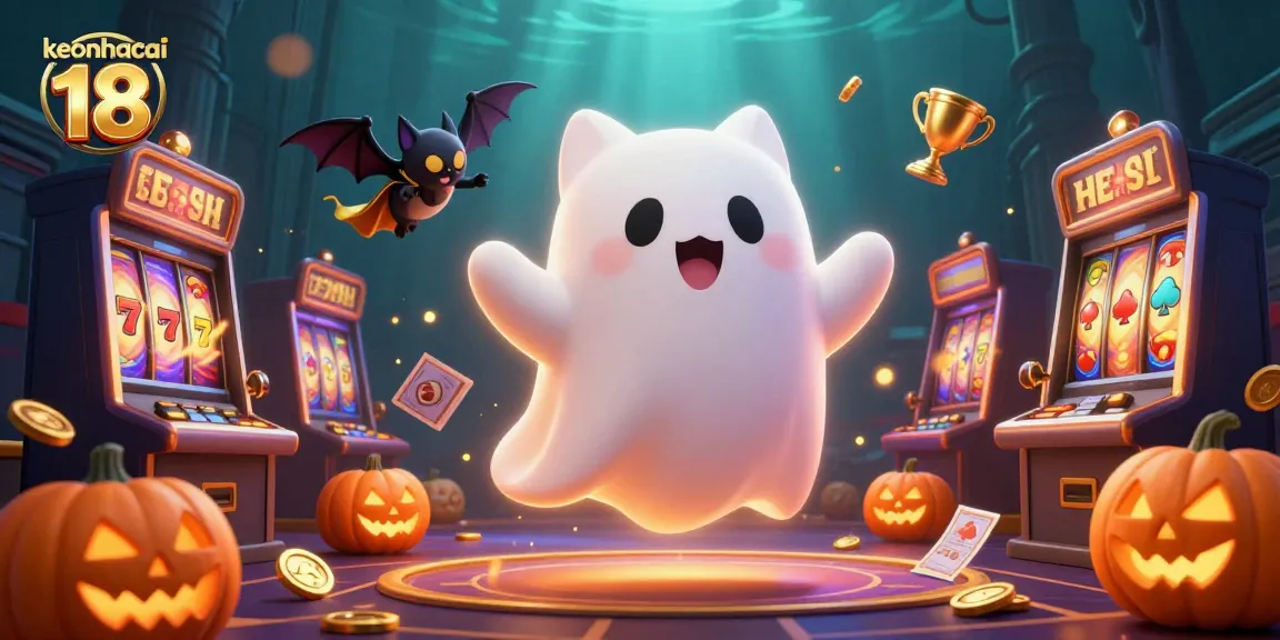Experience thrilling gameplay with keonhacai 18, featuring an exciting haunted casino scene filled with slot machines and lucky symbols.