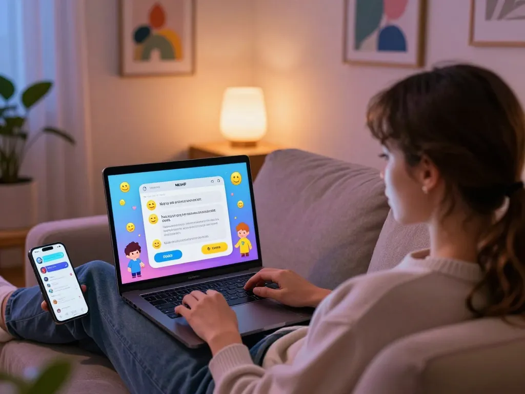 Engaging NSFW chat between user and AI on a laptop in a cozy, inviting room.