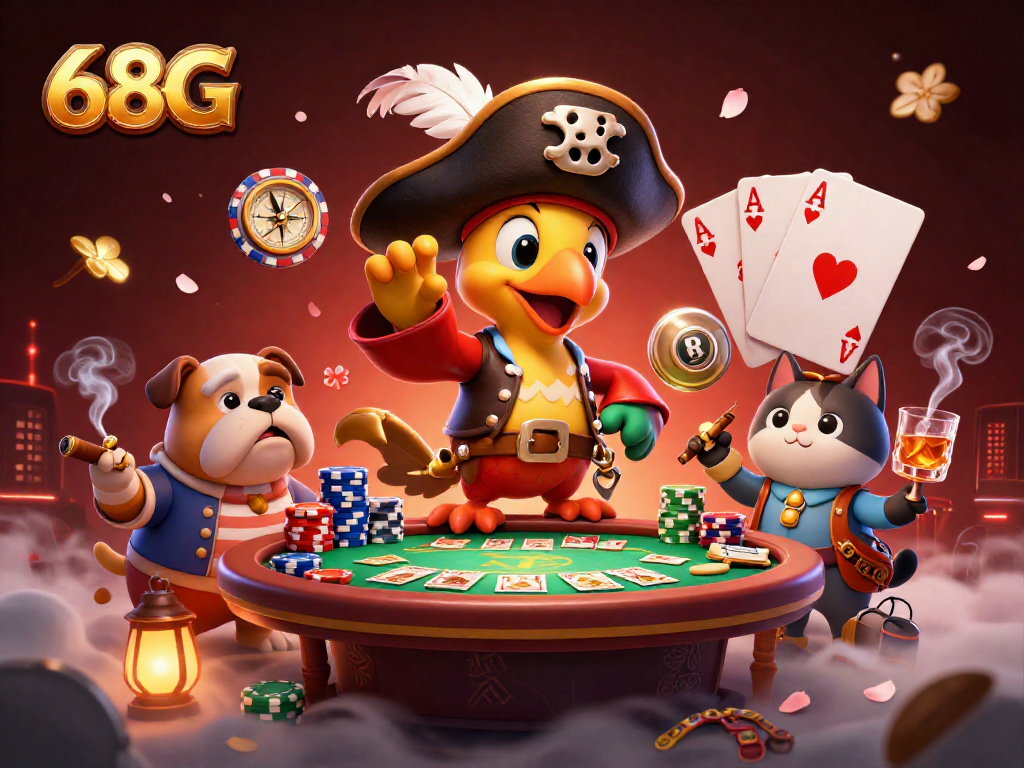 68G oferece uma emocionante cena de cassino com personagens divertidos e elementos de jogo ao redor.