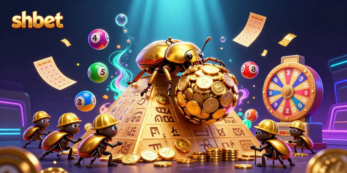 Experience the thrill of shbet with golden treasures and lottery excitement in a dynamic casino illustration.