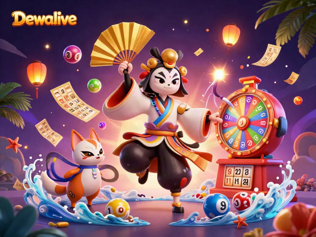 Experience vibrant gameplay with Dewalive, featuring a kabuki warrior and colorful gaming elements in a lively casino scene.