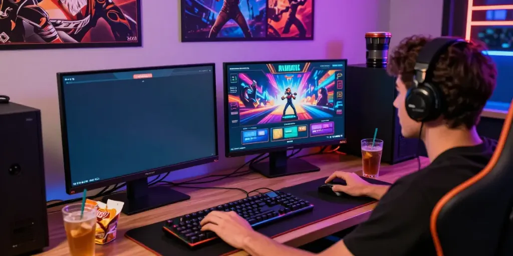 Engaged gamer enjoying akunjp online slot games in a vibrant setup