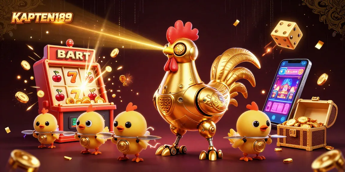 KAPTEN189 mempersembahkan ilustrasi slot online berwarna-warni dengan karakter robot dan hadiah jackpot.