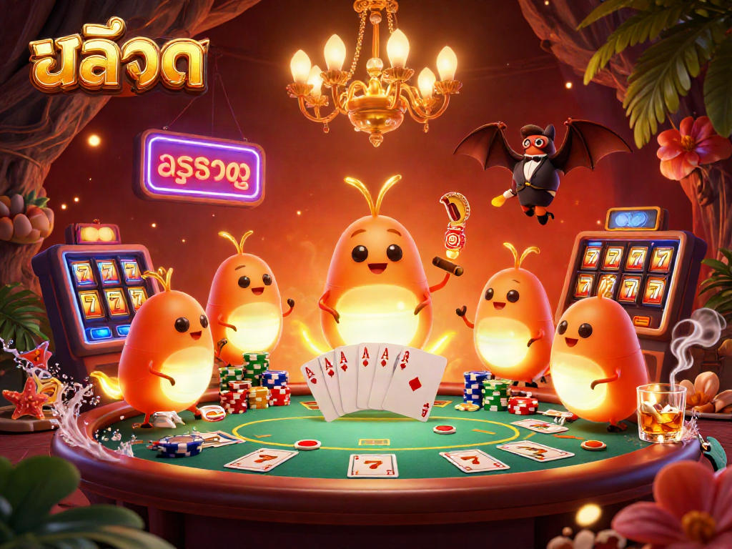Experience สล็อต excitement in a vibrant cave casino scene with glowworms, poker chips, and thrilling slot reels.