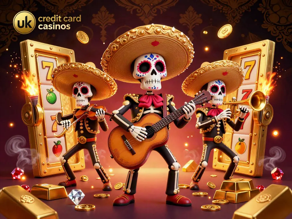 Experience vibrant gameplay scenes at uk credit card casinos with a lively mariachi band, gold vaults, and slot symbols.