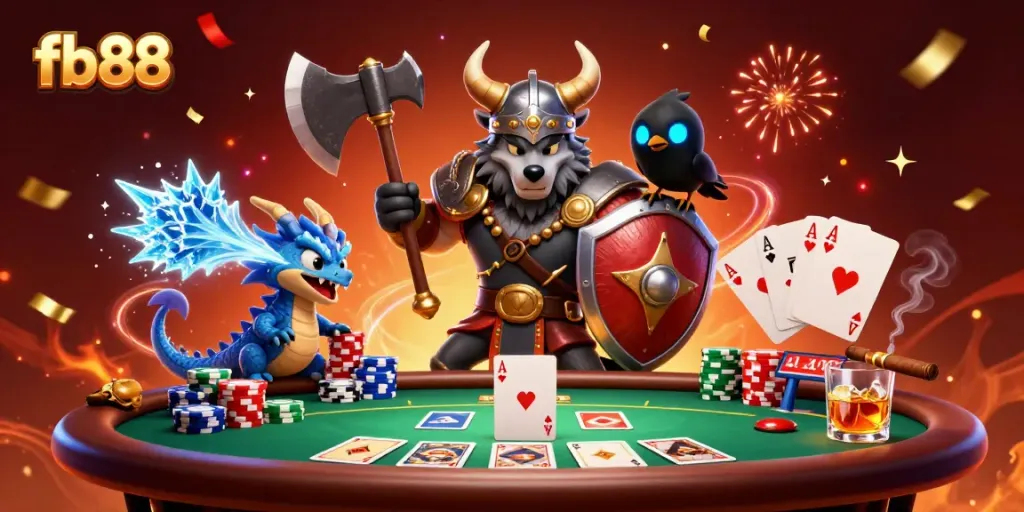 Experience the excitement of fb88 in a vivid 3D scene featuring a Viking wolf warrior and playful dragon.