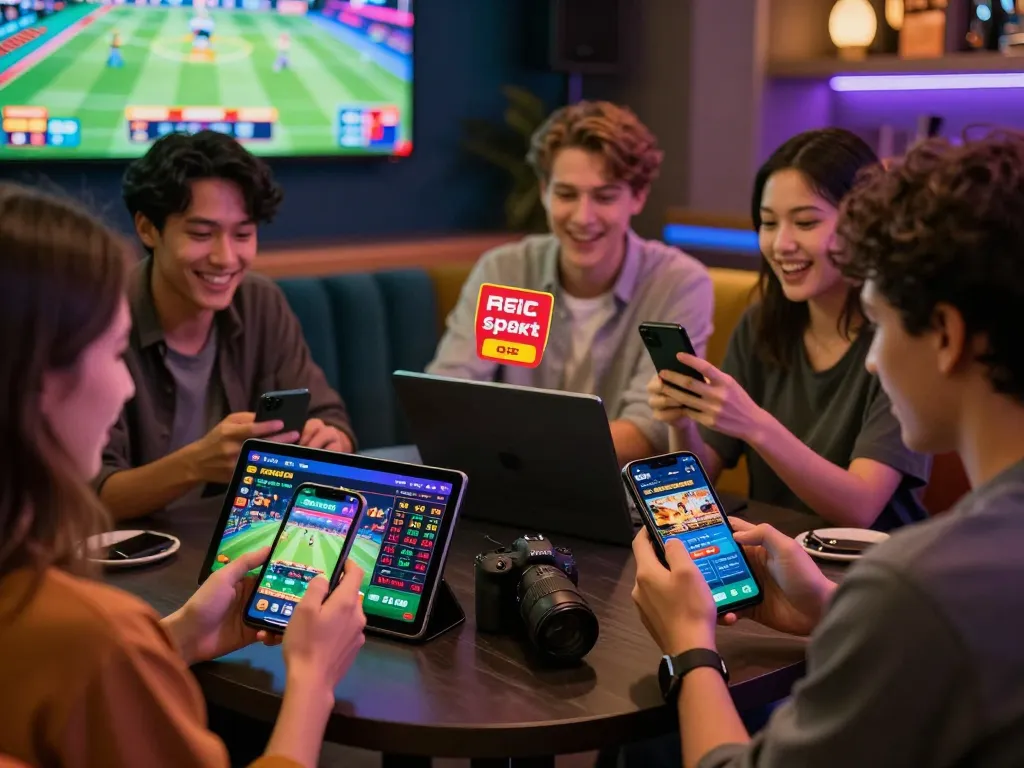 Excited friends using the Onbet app for online betting in a modern lounge.