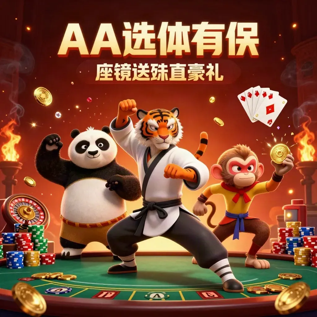 Tiger, panda, and monkey in a golden casino fantasy amid coins, roulette, cards, and ember light.