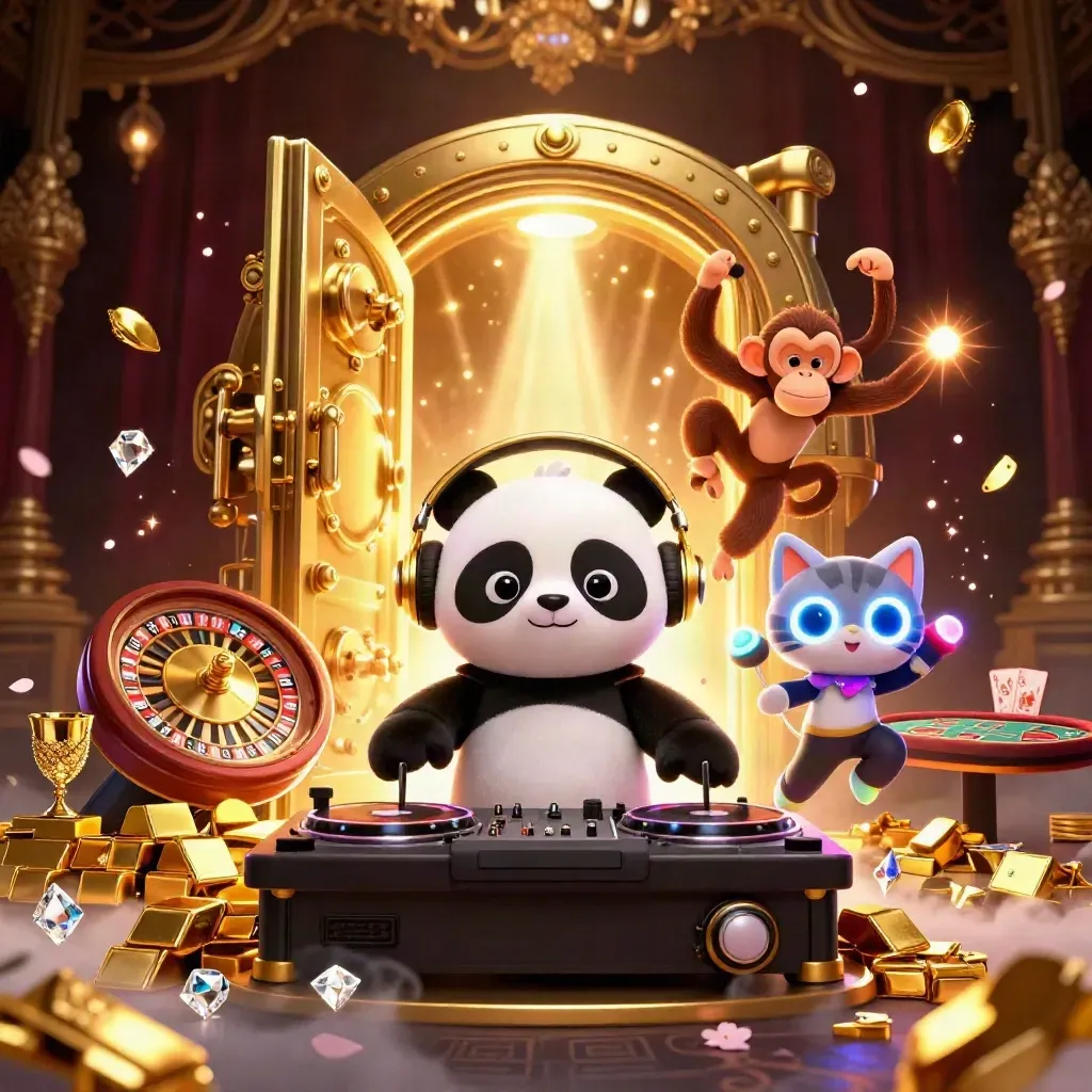 DJ panda, breakdancing monkey, and glow-stick kitten in a luxe casino vault scene