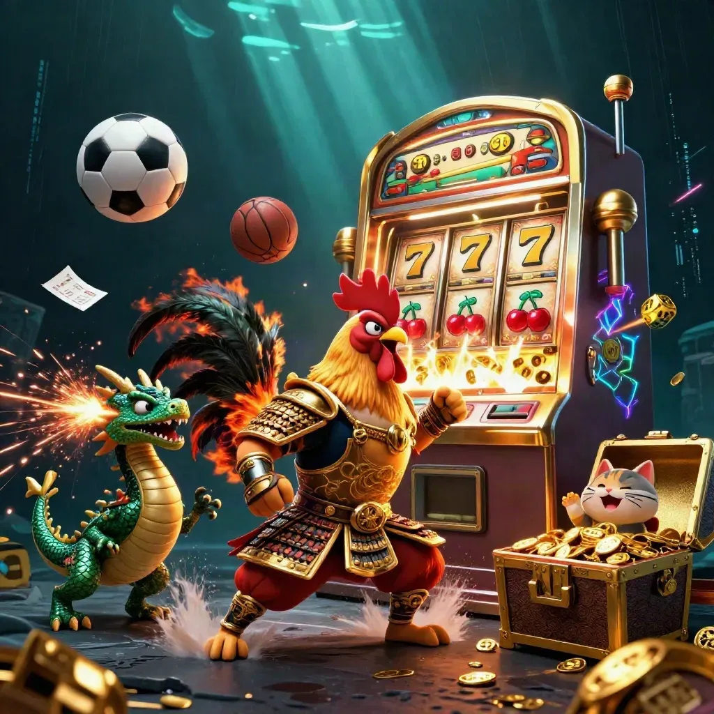 Rooster warrior, dragon hatchling and fortune-cat amid casino loot, glowing ball and slot burst.