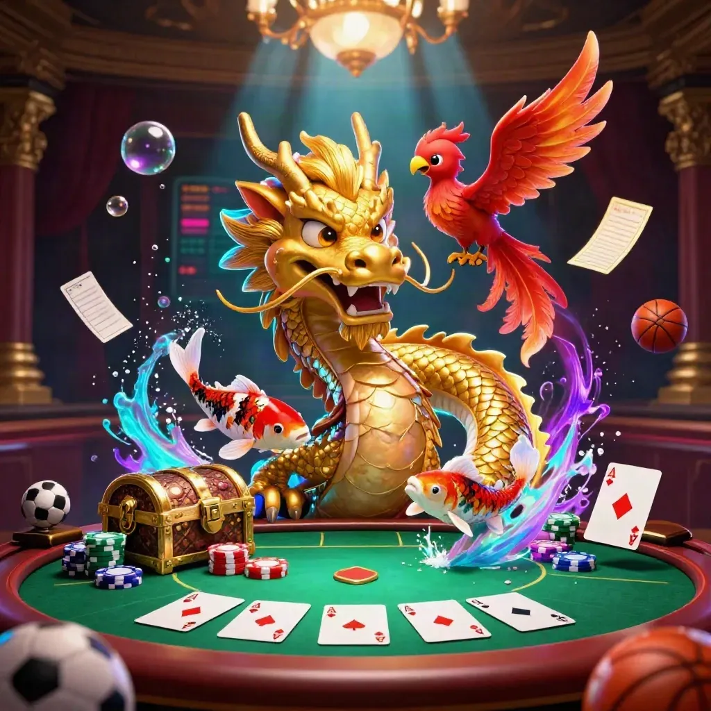 Golden dragon, phoenix and koi amid casino chips, cards and neon light in a burgundy-gold chamber