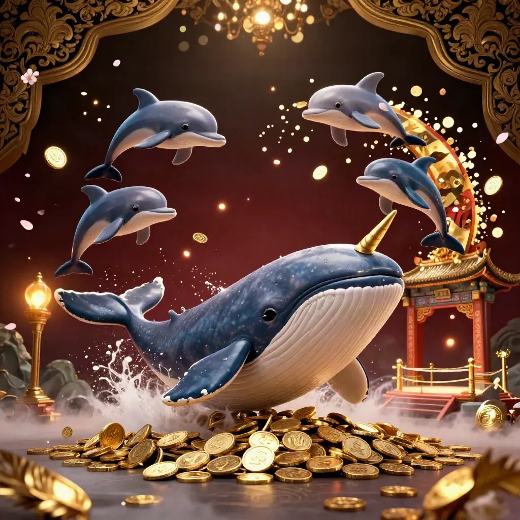 Whale captain, narwhal, and dolphins burst through coins with ember glow and temple gate