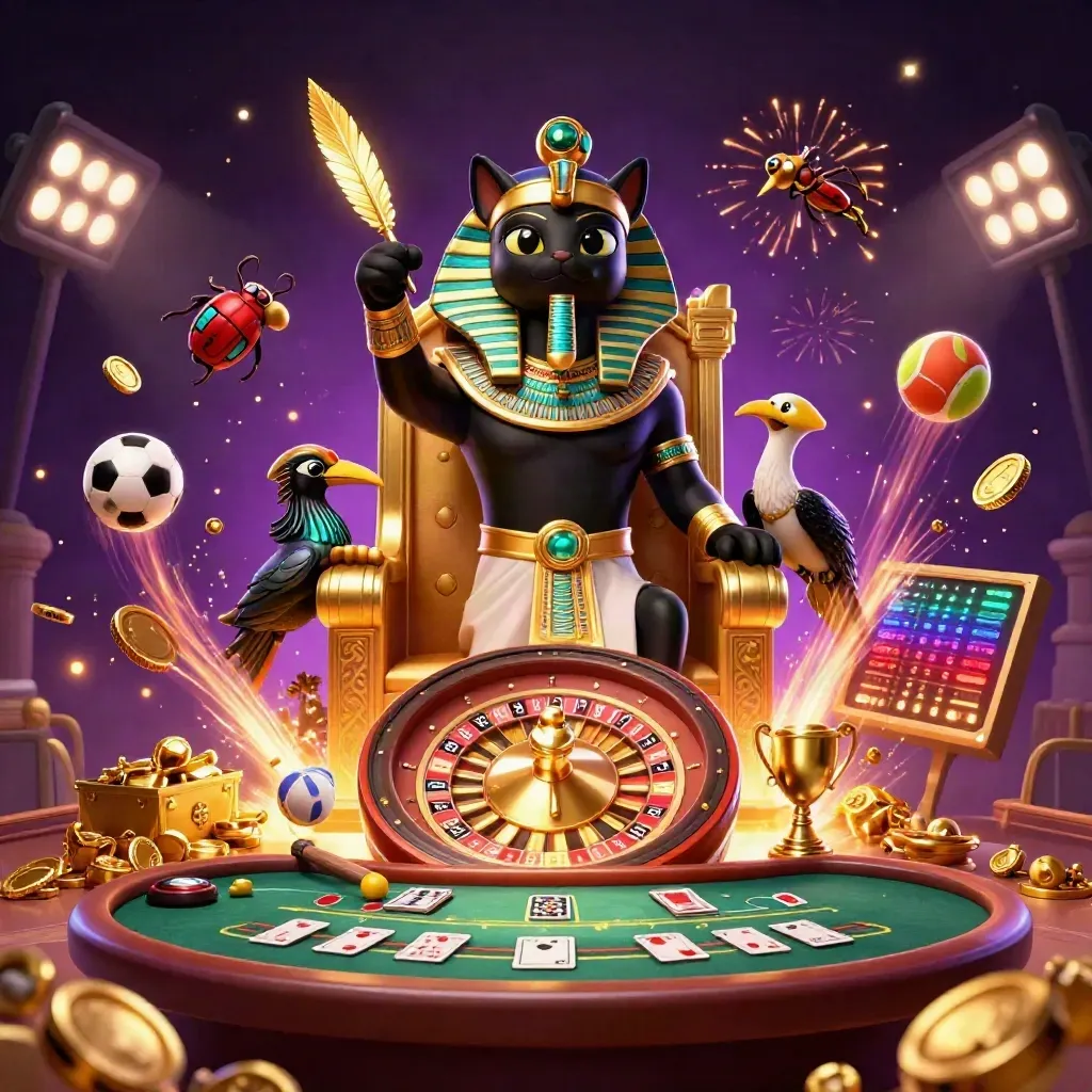 Pharaoh cat, ibis scribe, and gem scarabs amid coins, balls, fireworks, and casino gold.