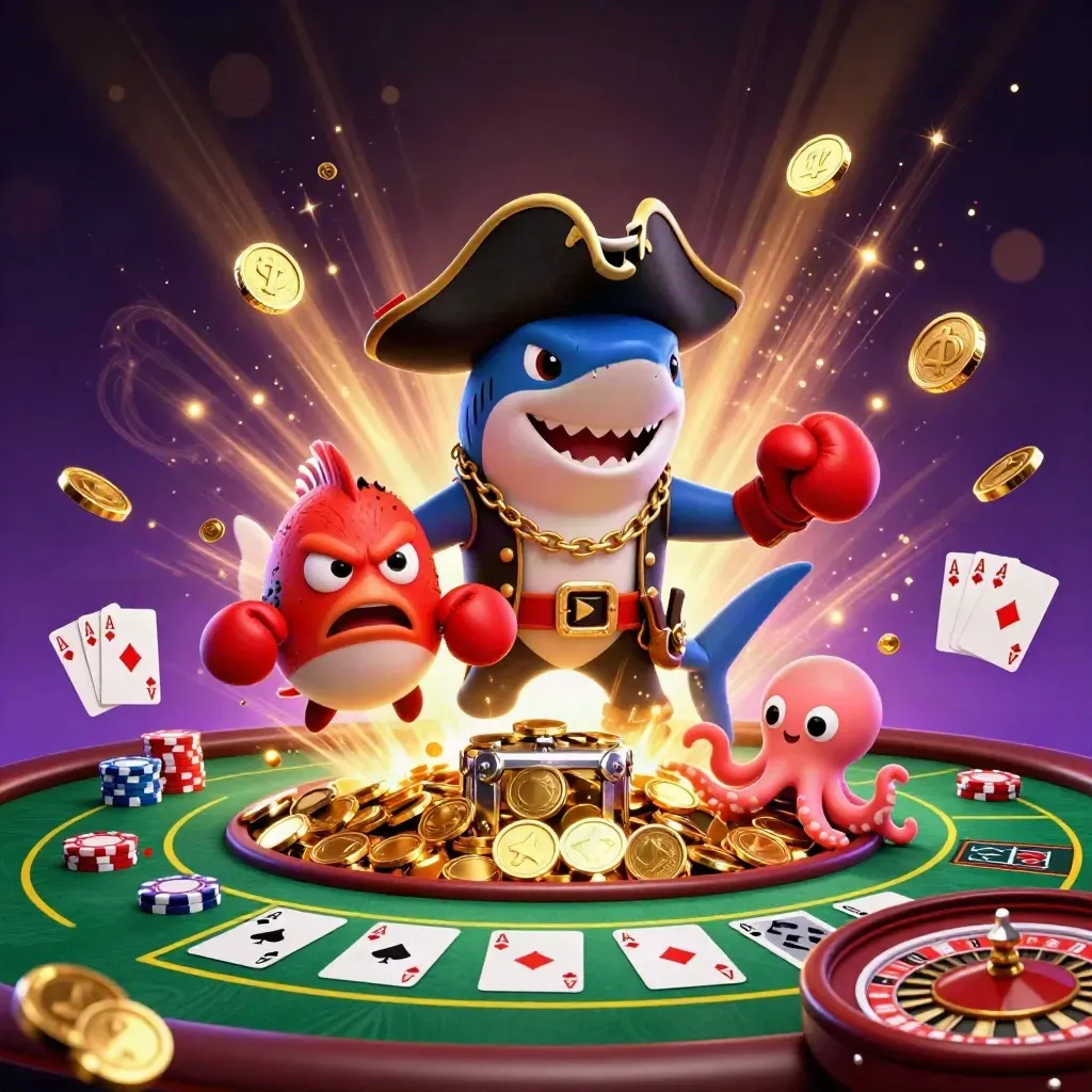 Pirate shark, boxing pufferfish, and coin-juggling octopus amid casino chips and fireworks.