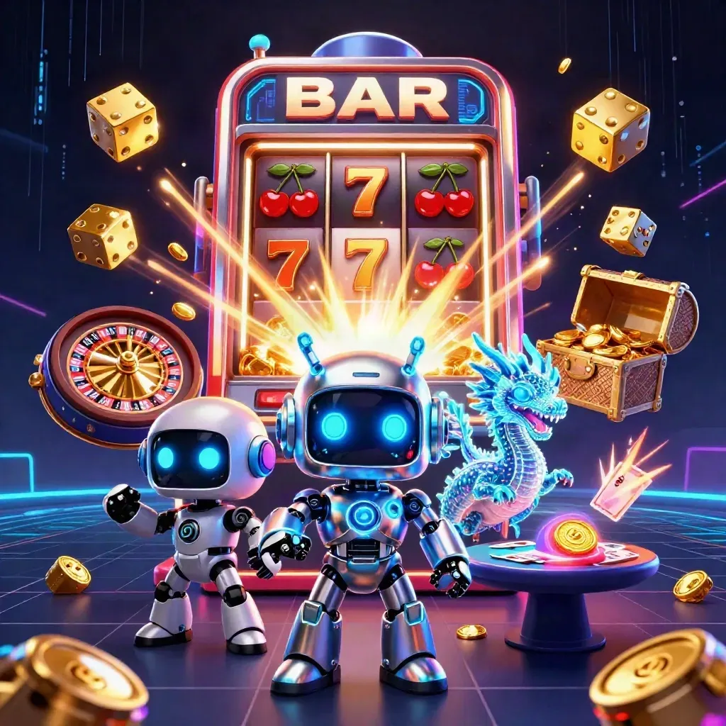 Robot, holographic dragon and drone amid jackpot coins, slots, roulette and neon casino effects.