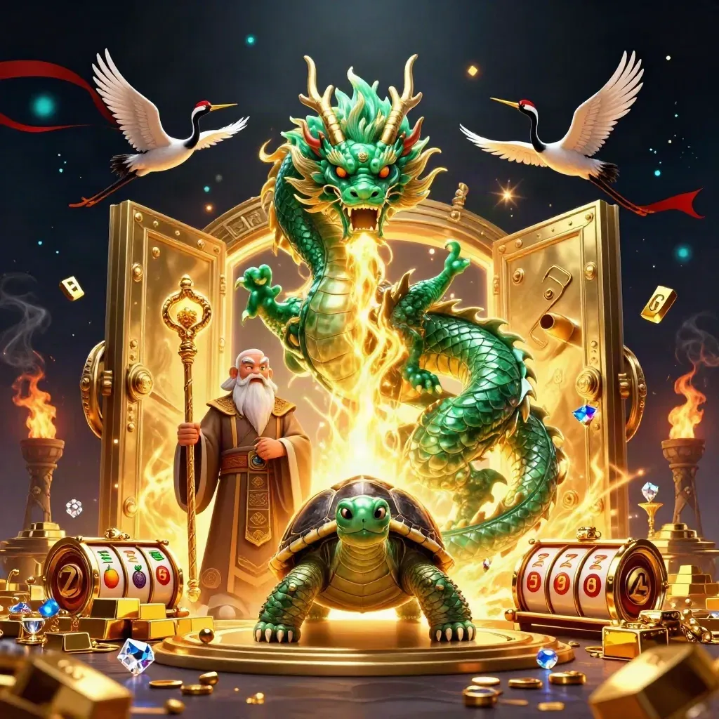 Emerald dragon, turtle sage, and cranes amid gold, gems, and a glowing vault