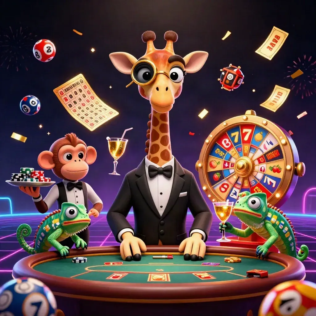Giraffe, monkey valet, and chameleon bartender amid casino fireworks and neon game symbols.