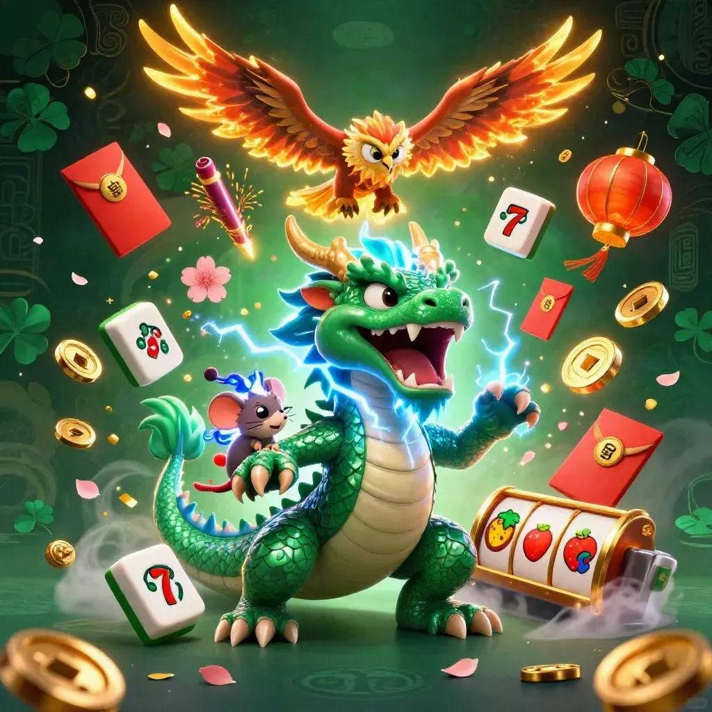 Thunder dragon, hawk, and static mouse amid casino coins, lanterns, and lightning.