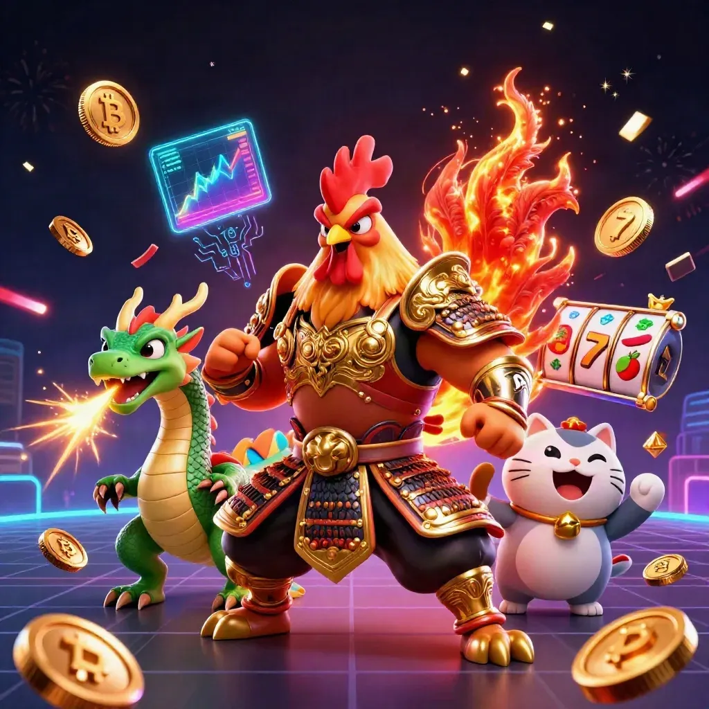 Rooster samurai, dragon hatchling, and fortune-cat amid neon casino coins and sparks