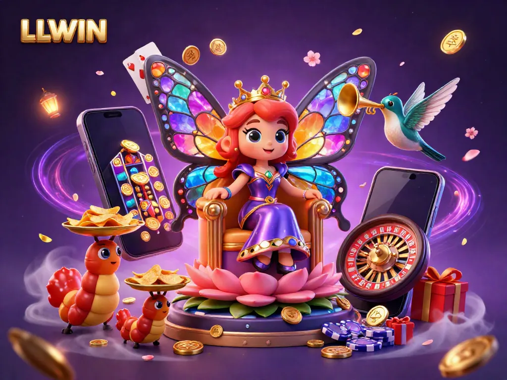Experience LLWIN's vibrant gaming world with a butterfly queen and colorful casino elements.