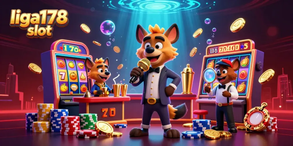 Hyena lucu di kasino dengan tema liga178 slot, menghibur penonton dan menyerahkan minuman.
