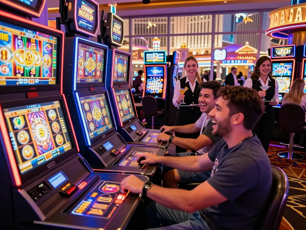 Pemain antusias terlibat dengan permainan slot link dalam suasana kasino yang meriah.