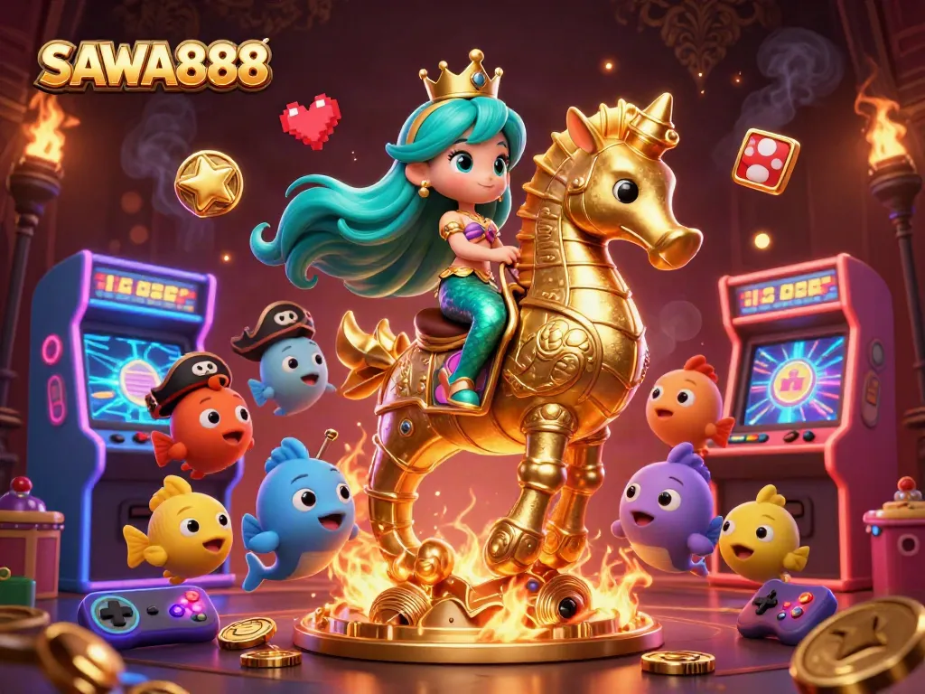 Experience thrills with SAWA888 as colorful gaming elements surround a magical mermaid scene.