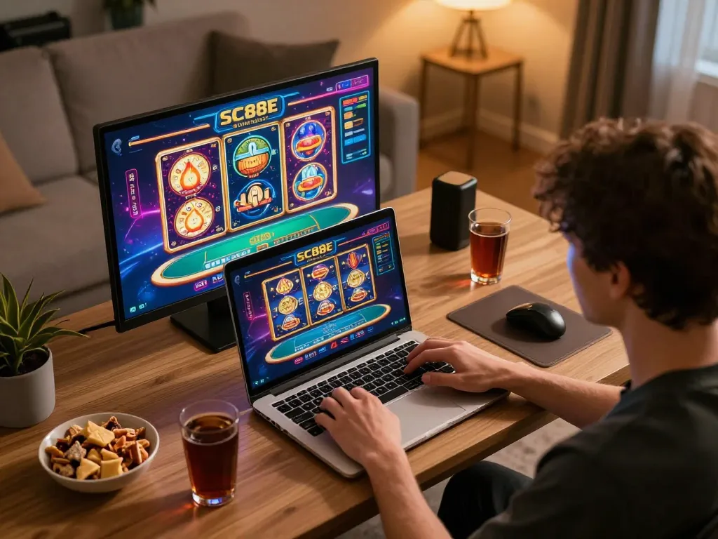 Engaging in online gaming at SC88E with vibrant slots and poker interface.
