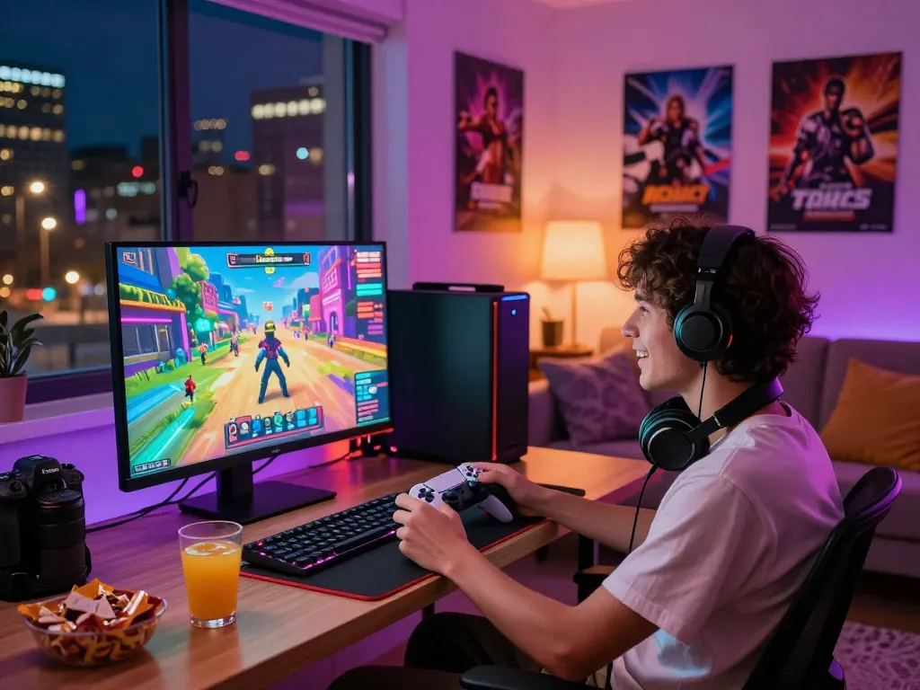 Experience a lively night of porngame excitement with immersive graphics and cozy gaming setup.